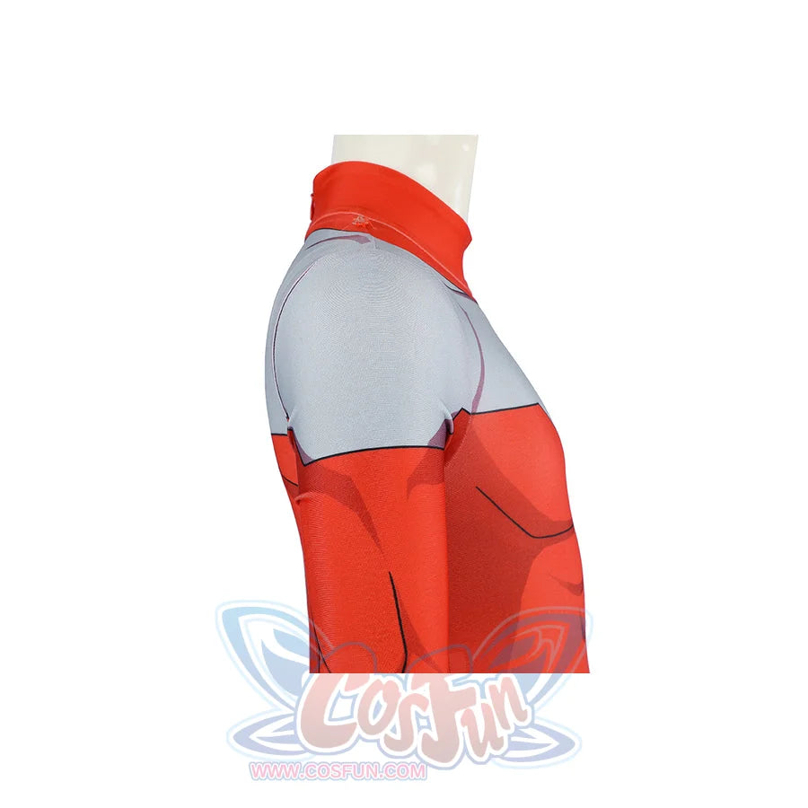Invincible Thragg cosplay costume side chest detail curves gray shoulder panels over the red suit.