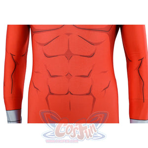 Invincible Thragg cosplay costume torso detail maps muscle line printing across the red bodysuit.