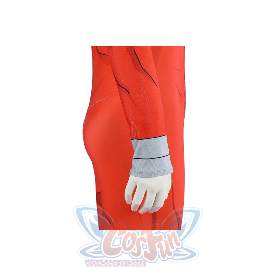 Invincible Thragg cosplay costume wrist cuff detail anchors the gray band at the end of the red sleeve.