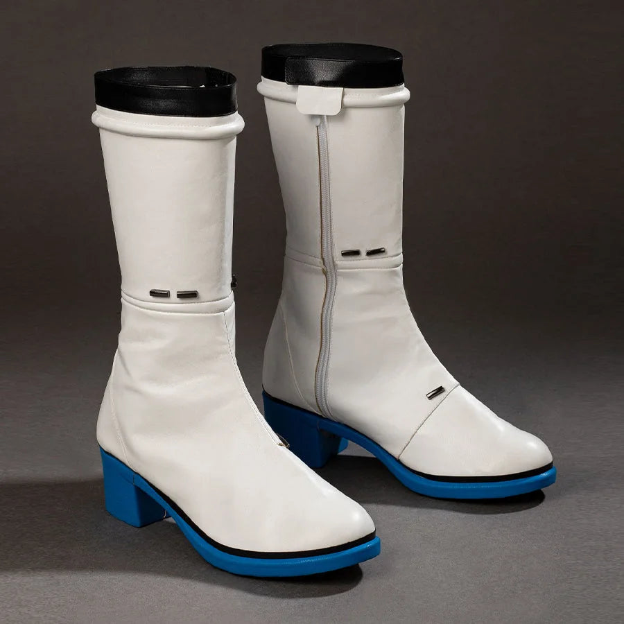 COSFUN Invisible Woman cosplay boots angle white matte shafts above black cuffs and blue block heels.