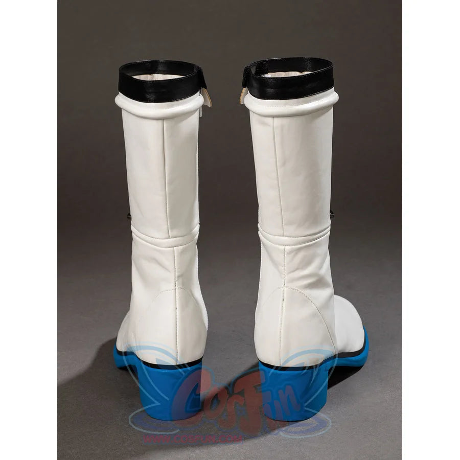 Invisible Woman cosplay boots back view centers white shaft seams above blue heels and black cuffs.