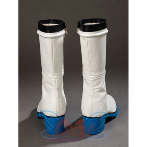 Invisible Woman cosplay boots back view centers white shaft seams above blue heels and black cuffs.