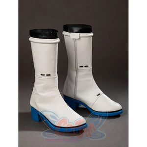 Invisible Woman cosplay boots angled pair frames blue heel edges below white matte PU shafts.
