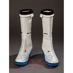 Invisible Woman cosplay boots front view sets white matte uppers above blue heels and black top cuffs.