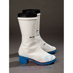Invisible Woman cosplay boots side view traces a white shaft toward the blue block heel and black cuff.
