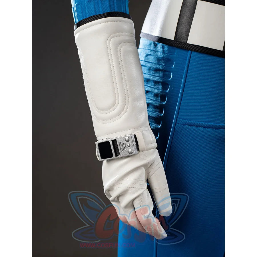 Invisible Woman cosplay costume arm guard detail layers white cuff padding over a black glove.