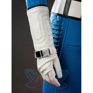 Invisible Woman cosplay costume arm guard detail layers white cuff padding over a black glove.