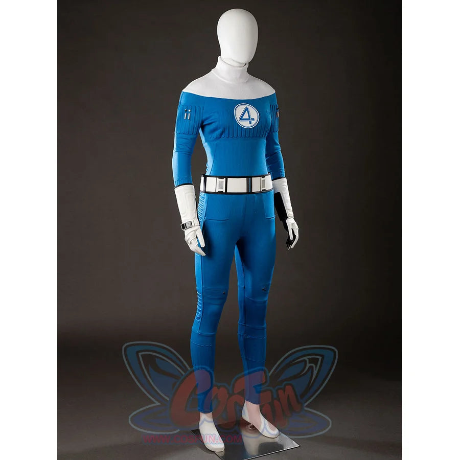 Invisible Woman cosplay costume angled jumpsuit view frames the chest emblem between white arm guards.