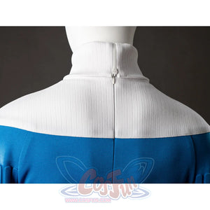 Invisible Woman cosplay costume back collar detail follows ribbed white fabric down the zipper line.