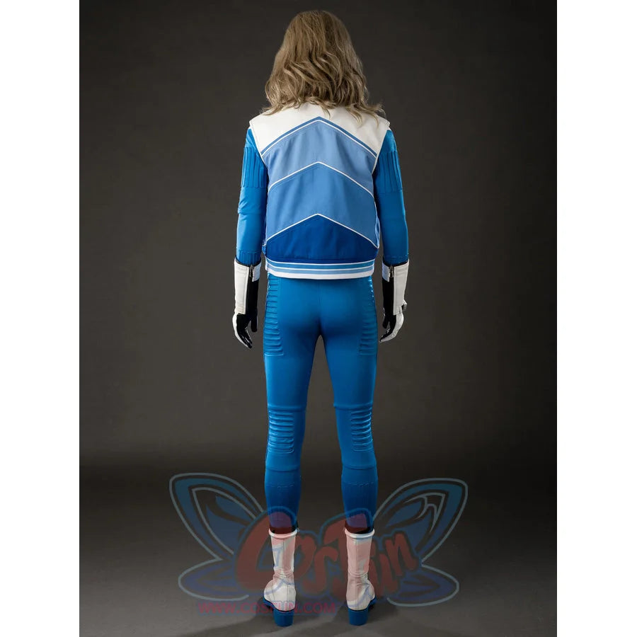 Invisible Woman cosplay costume back view layers a cropped blue jacket over fitted blue pants.