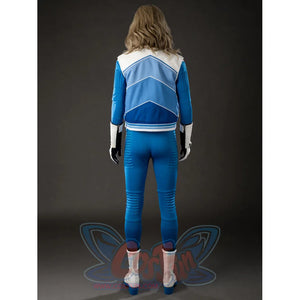 Invisible Woman cosplay costume back view layers a cropped blue jacket over fitted blue pants.