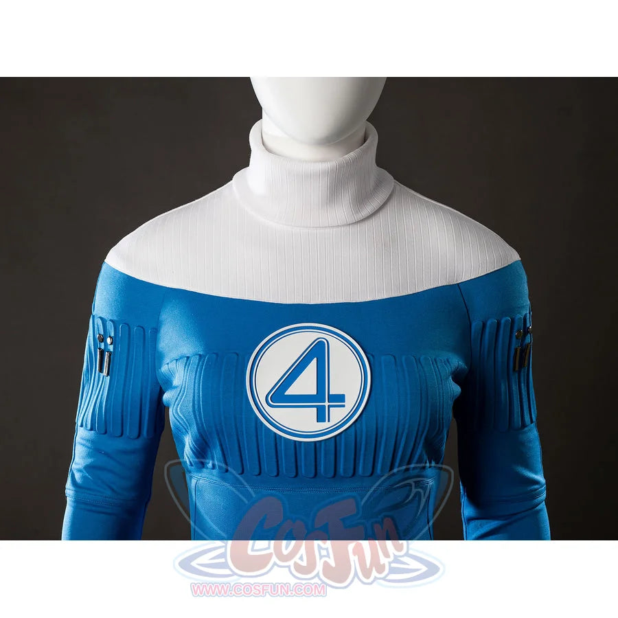 Invisible Woman cosplay costume chest emblem detail centers a circle badge over blue ribbed fabric.