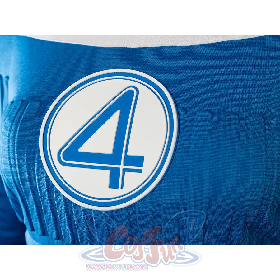 Invisible Woman cosplay costume chest badge close-up sets a blue four emblem inside a white circle.