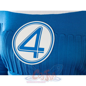 Invisible Woman cosplay costume chest badge close-up sets a blue four emblem inside a white circle.