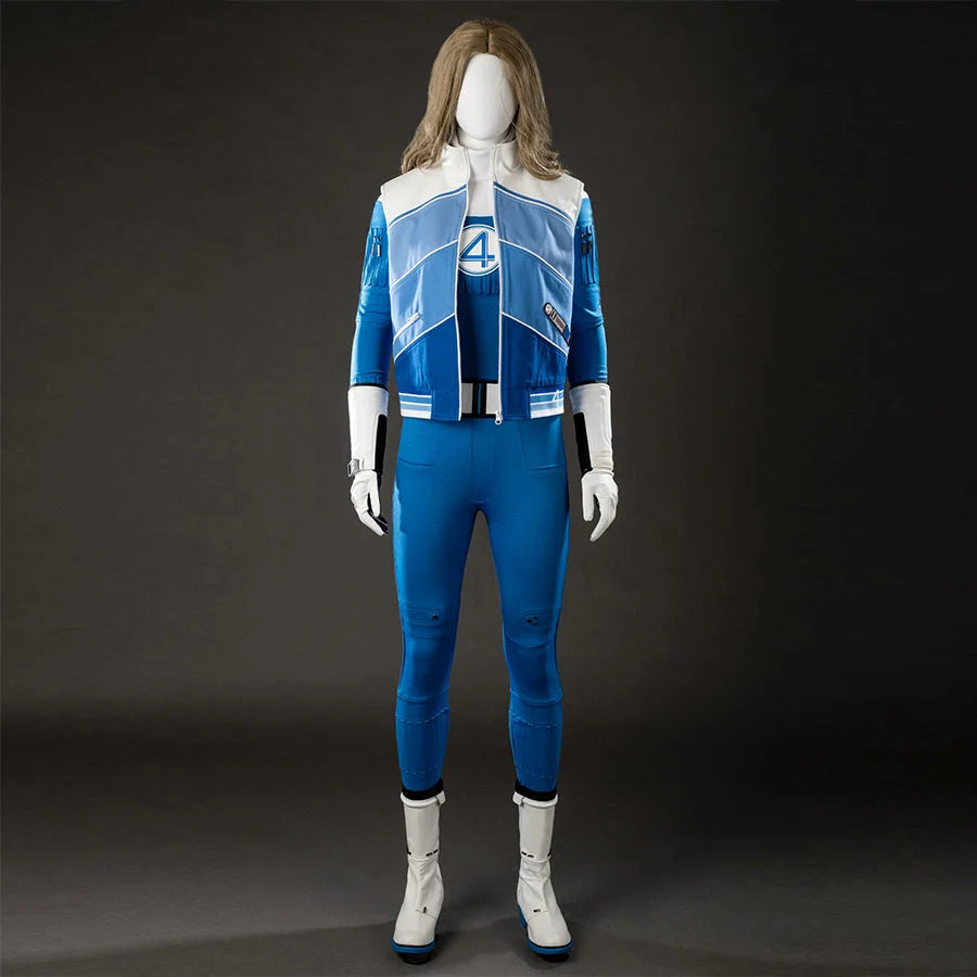 COSFUN Invisible Woman cosplay costume front view layers a blue jumpsuit under a cropped jacket and white belt.