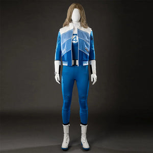 COSFUN Invisible Woman cosplay costume front view layers a blue jumpsuit under a cropped jacket and white belt.
