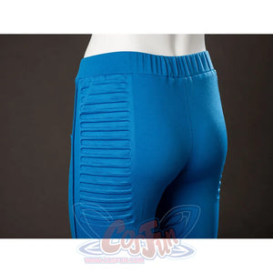 Invisible Woman cosplay costume hip panel detail frames raised blue padding on fitted pants.