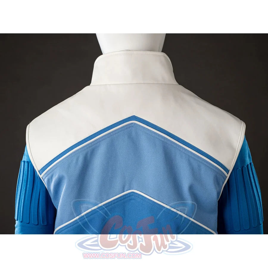 Invisible Woman cosplay costume jacket back detail layers pale blue panels below a white collar.