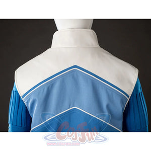 Invisible Woman cosplay costume jacket back detail layers pale blue panels below a white collar.