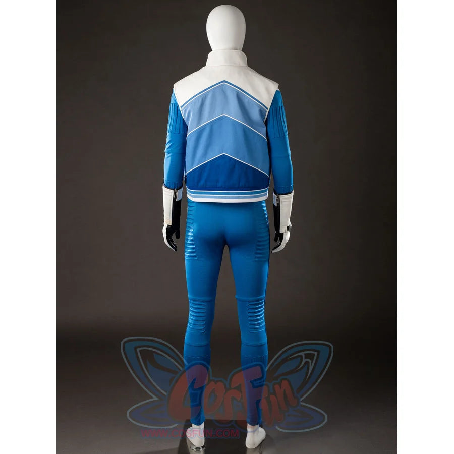 Invisible Woman cosplay costume back view sets pale blue jacket panels over fitted blue pants.