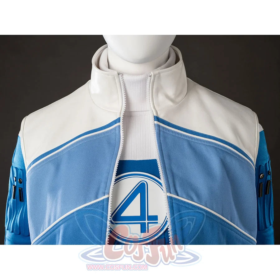 Invisible Woman cosplay costume jacket collar detail layers white trim around the blue front panel.