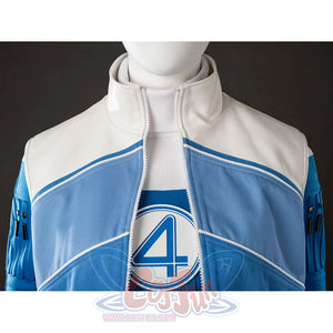 Invisible Woman cosplay costume jacket collar detail layers white trim around the blue front panel.
