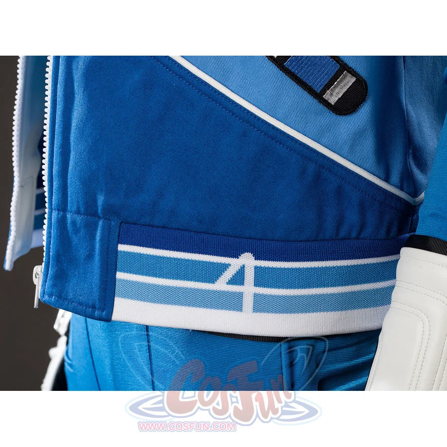 Invisible Woman cosplay costume jacket hem detail frames striped blue ribbing above the white belt.