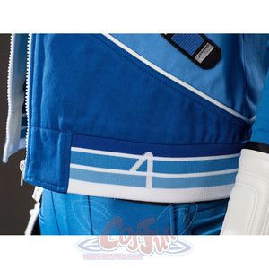 Invisible Woman cosplay costume jacket hem detail frames striped blue ribbing above the white belt.
