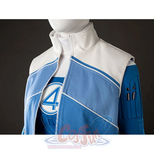 Invisible Woman cosplay costume jacket detail sets pale blue panels beside ribbed blue sleeve guards.