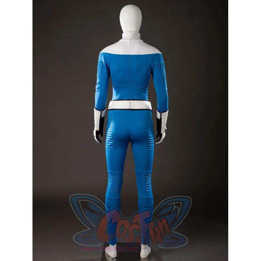 Invisible Woman cosplay costume jumpsuit back view traces blue stretch fabric below a white shoulder yoke.