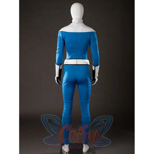 Invisible Woman cosplay costume jumpsuit back view traces blue stretch fabric below a white shoulder yoke.