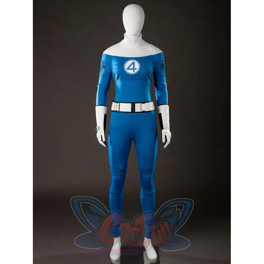 Invisible Woman cosplay costume jumpsuit front view sets a chest emblem above the white belt.
