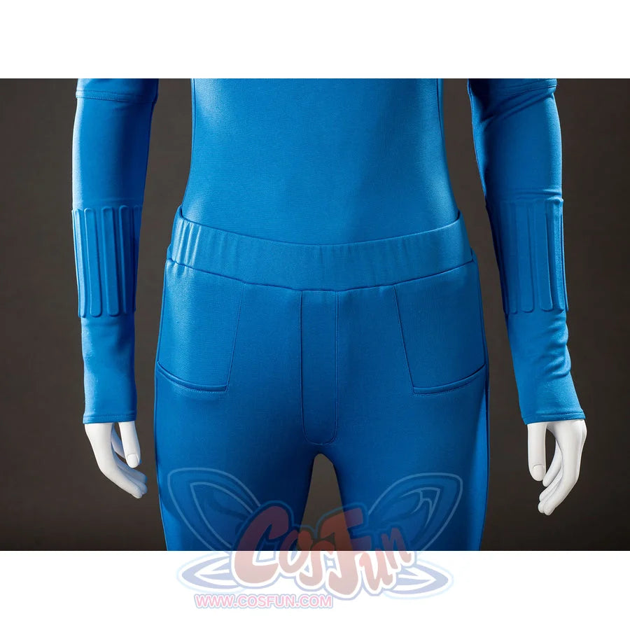 Invisible Woman cosplay costume pants back view sets blue stretch fabric below a fitted waist seam.