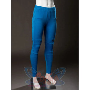 Invisible Woman cosplay costume blue pants front view traces knee panels along the fitted legs.