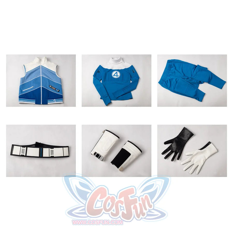 Invisible Woman cosplay costume set layout gathers jacket and jumpsuit beside belt arm guards and gloves.