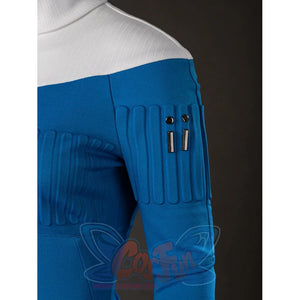 Invisible Woman cosplay costume upper sleeve detail places black tabs beside ribbed blue panels.