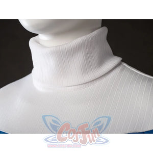 Invisible Woman cosplay costume white collar detail traces ribbed fabric around the high neckline.