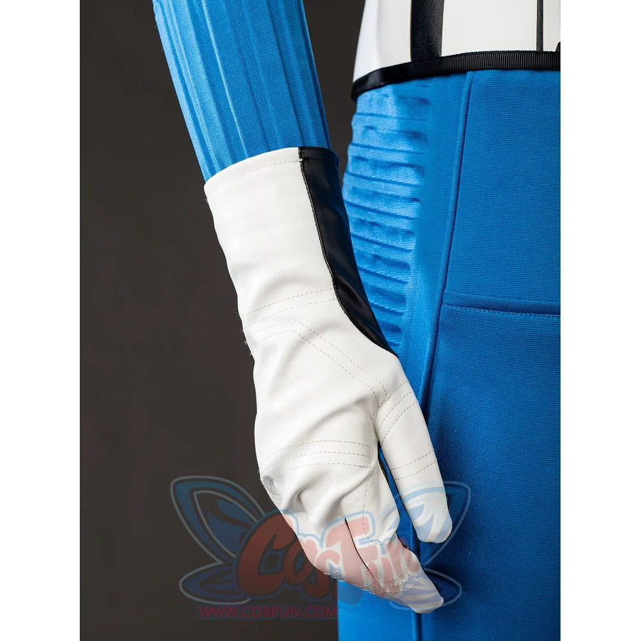Invisible Woman cosplay costume glove detail folds white fabric over the blue sleeve and hip panel.