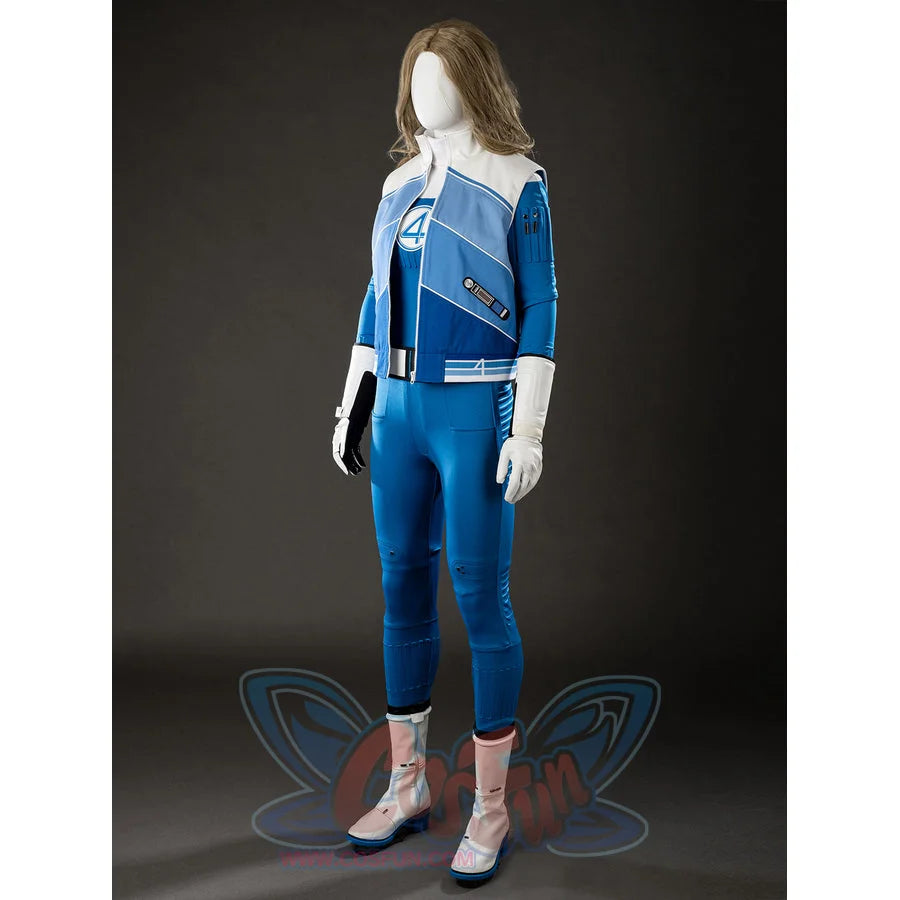Invisible Woman cosplay costume three-quarter view frames the white shoulder panel above a blue jumpsuit.