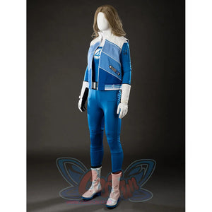 Invisible Woman cosplay costume three-quarter view frames the white shoulder panel above a blue jumpsuit.