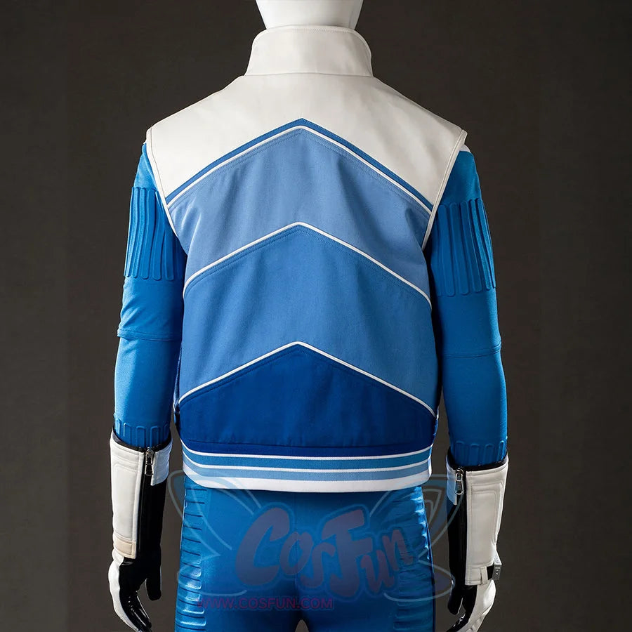 Invisible Woman cosplay vest layers blue and white panels with ribbed knit fabric and sheep-grain faux leather finishes.