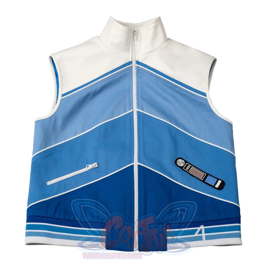 Invisible Woman cosplay vest layers white and blue shades with ribbed trim that anchors the zippered front and collar.