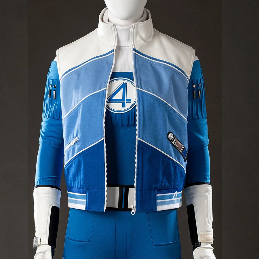 COSFUN Invisible Woman cosplay vest centers sheep-grain faux leather and cotton twill panels with zipper front.