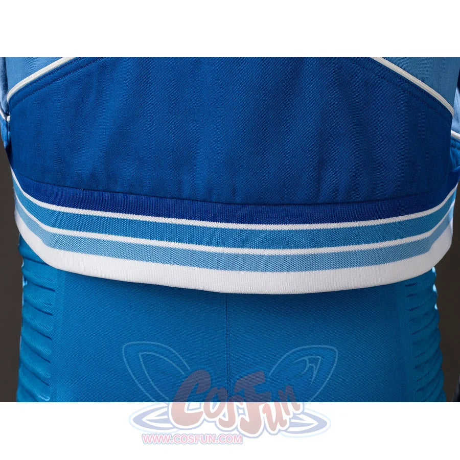 Invisible Woman cosplay vest gathers blue cotton twill layers and anchors them with a white striped ribbed knit trim.