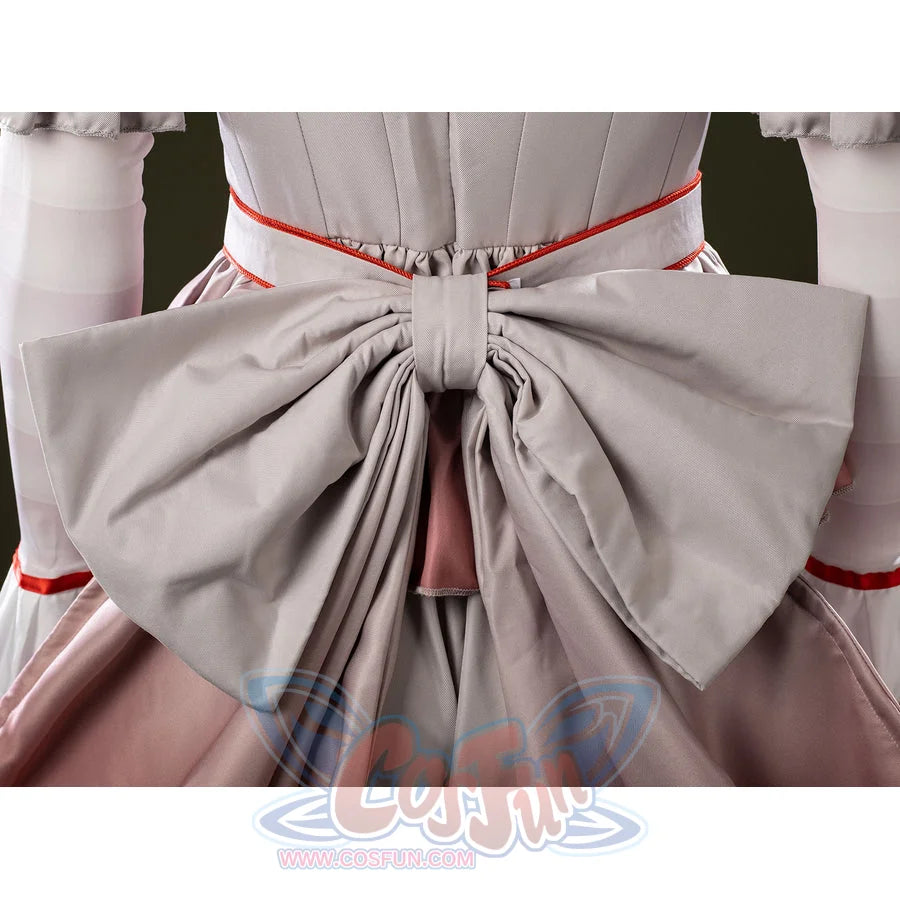 IT Pennywise Bishoujo cosplay bow close-up ties gray fabric into a large knot over pink tail panels.