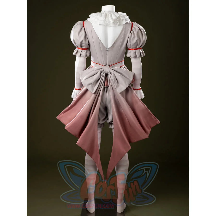IT Pennywise Bishoujo cosplay costume back view spreads an oversized bow behind the gray clown outfit.