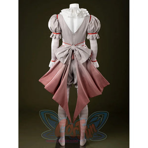 IT Pennywise Bishoujo cosplay costume back view spreads an oversized bow behind the gray clown outfit.