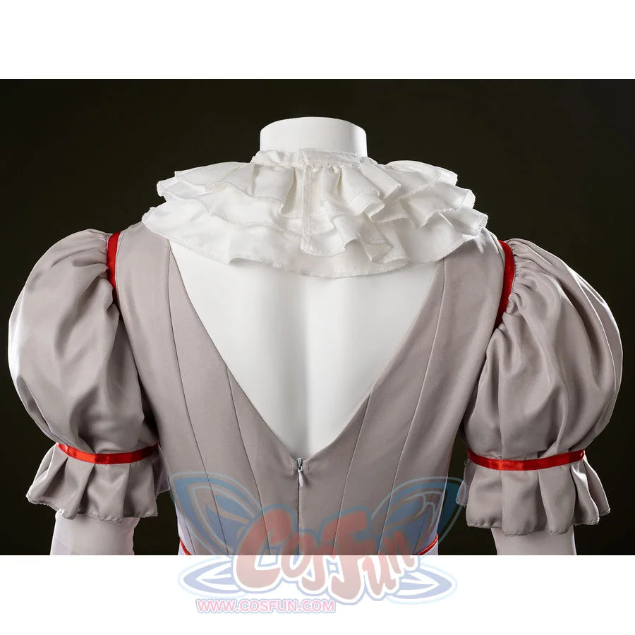 IT Pennywise Bishoujo cosplay back neckline detail opens a gray bodice below the layered white ruff.