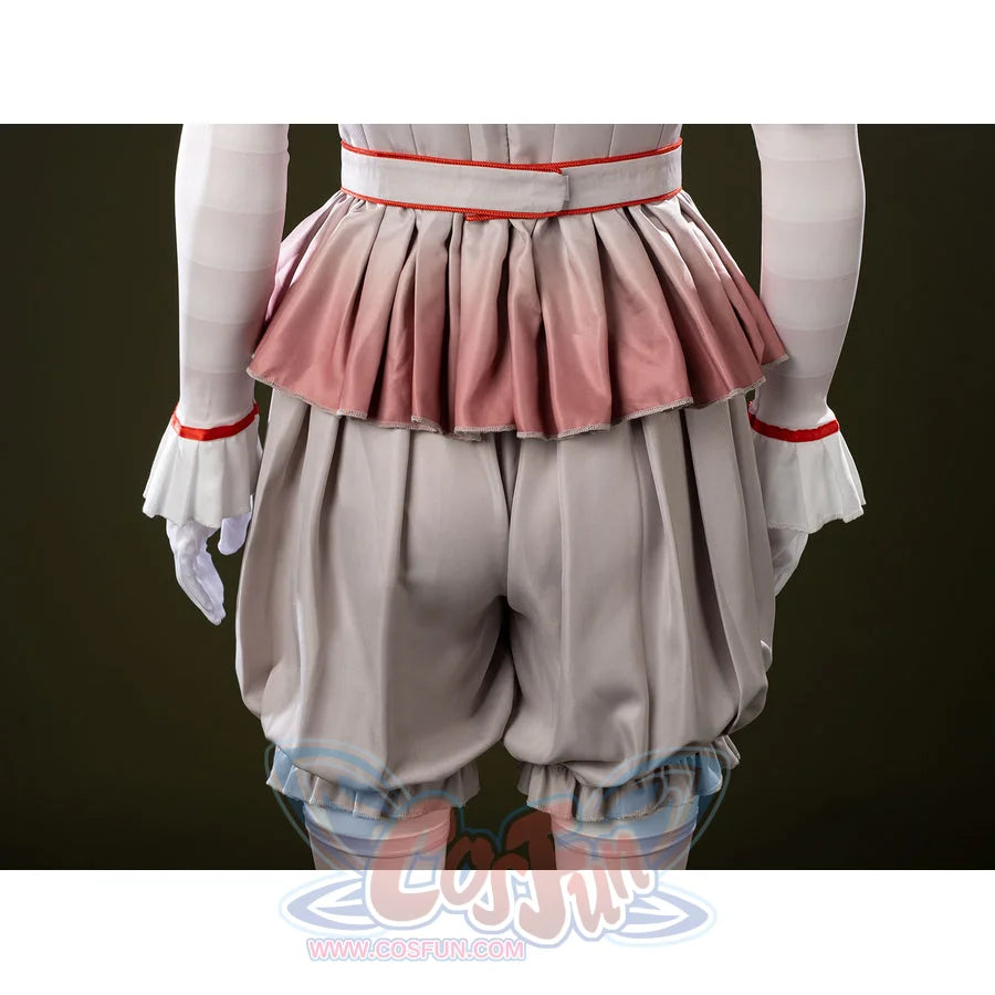 IT Pennywise Bishoujo cosplay back shorts detail gathers gray fabric below the pink peplum and red belt.