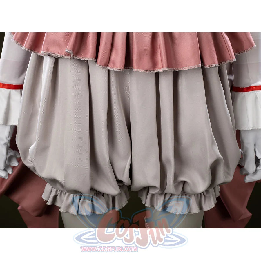 IT Pennywise Bishoujo cosplay shorts detail gathers gray bloomer fabric under the pink peplum skirt.